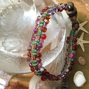 🖤Vtg glass beads leather handmade bracelet